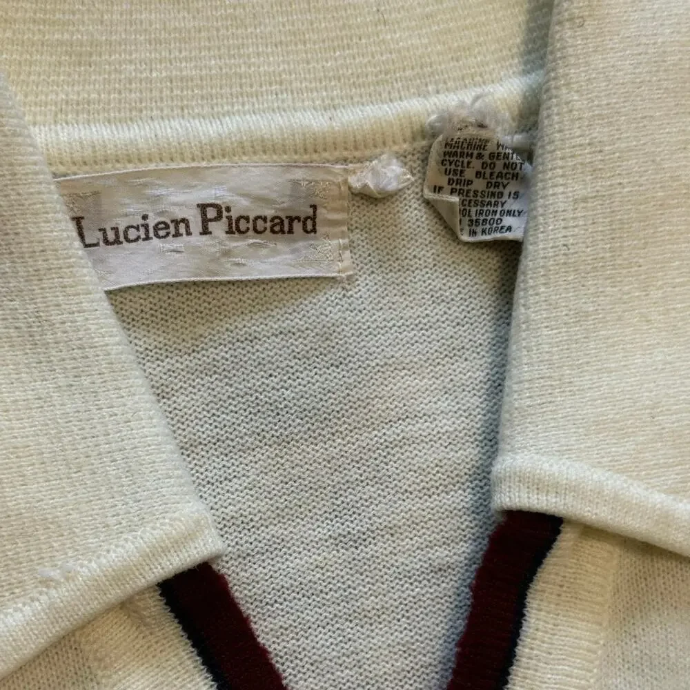 Vintage 70s Lucien Piccard Cream Knit Polo Sweater Burgundy Trim Large Boxy